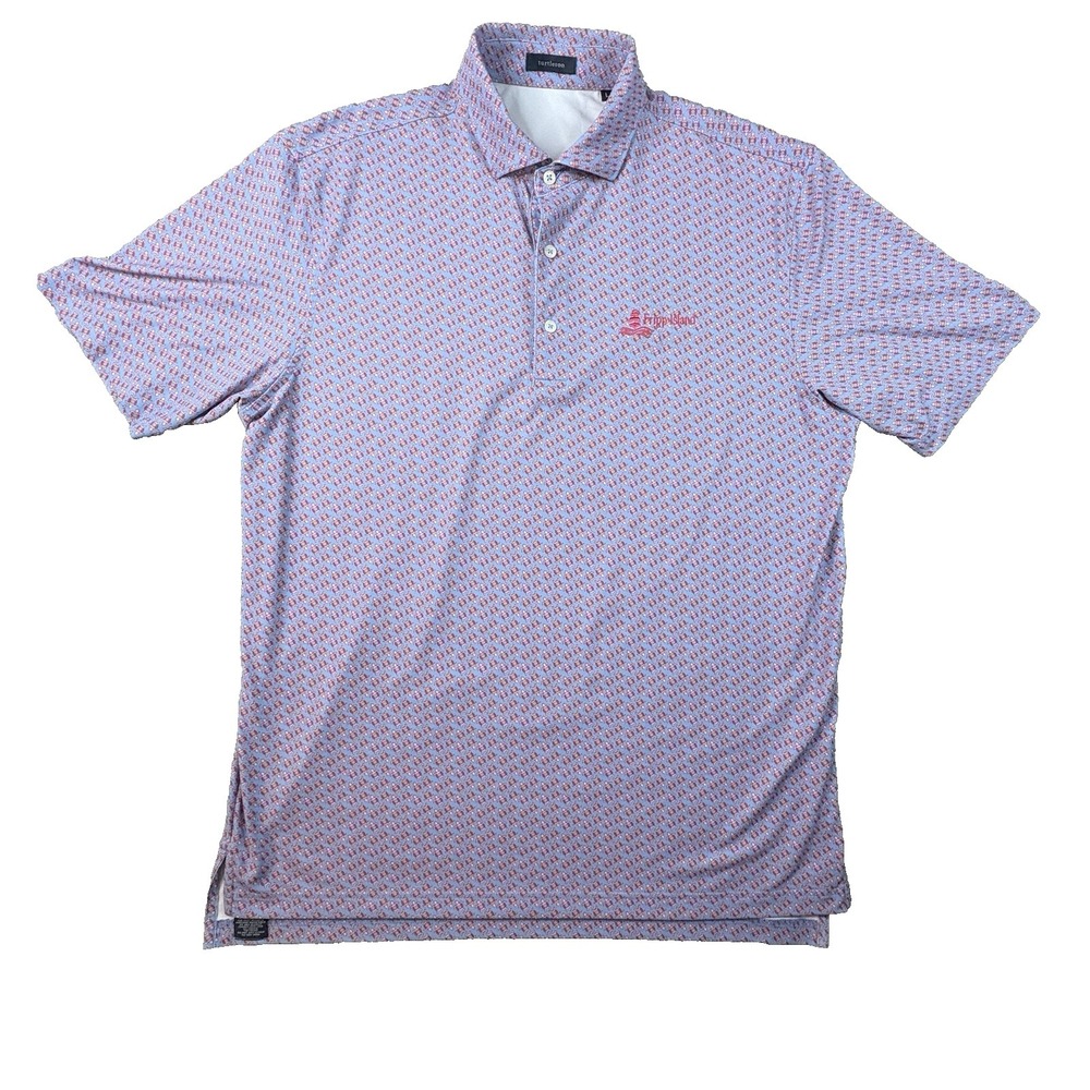 Turtleson Men's L Light Blue & Pink Turtle AOP SS Polo Fripp Island Logo SEE DES